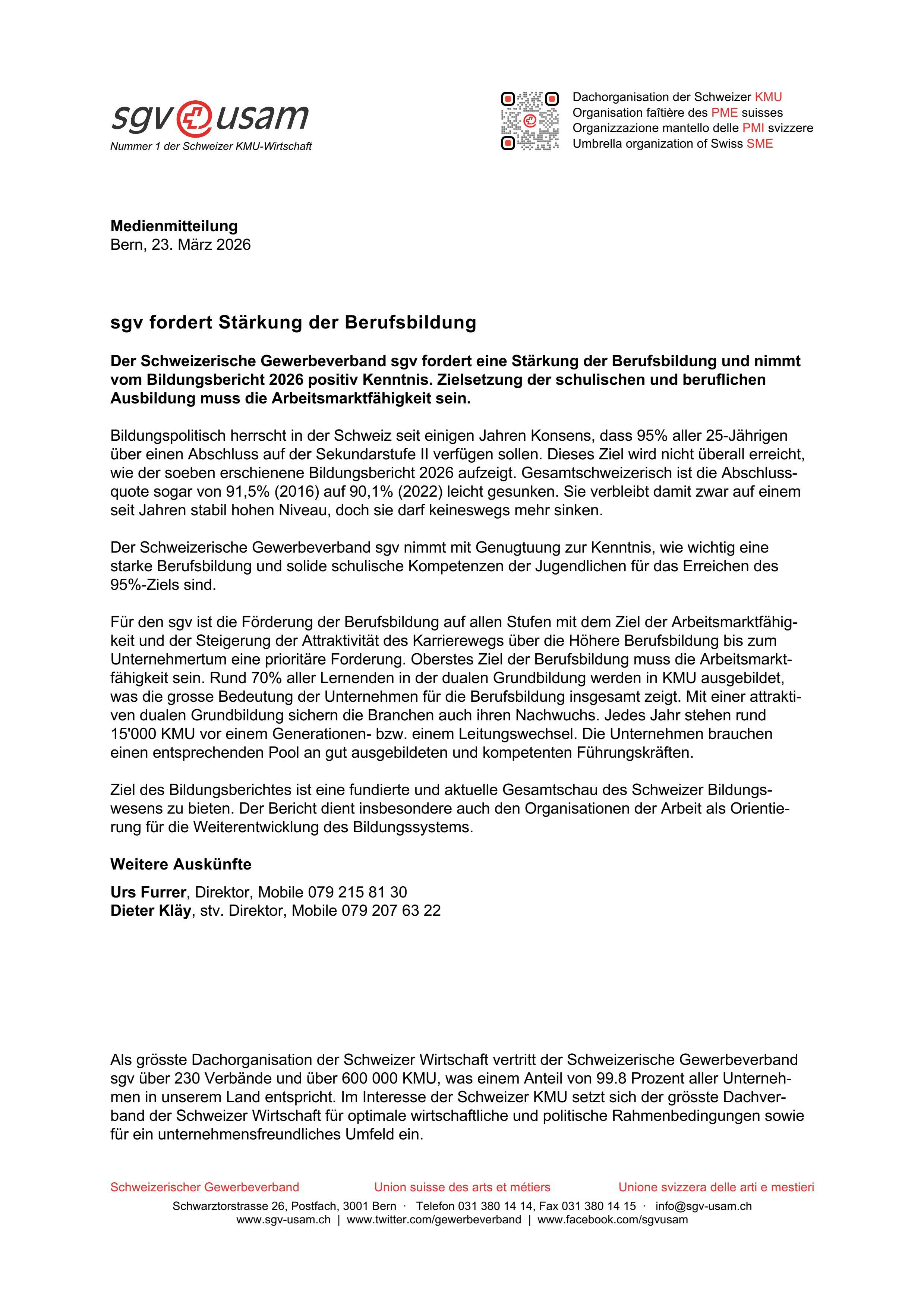 Schweizerischer Gewerbeverband fordert Stärkung der Berufsbildung