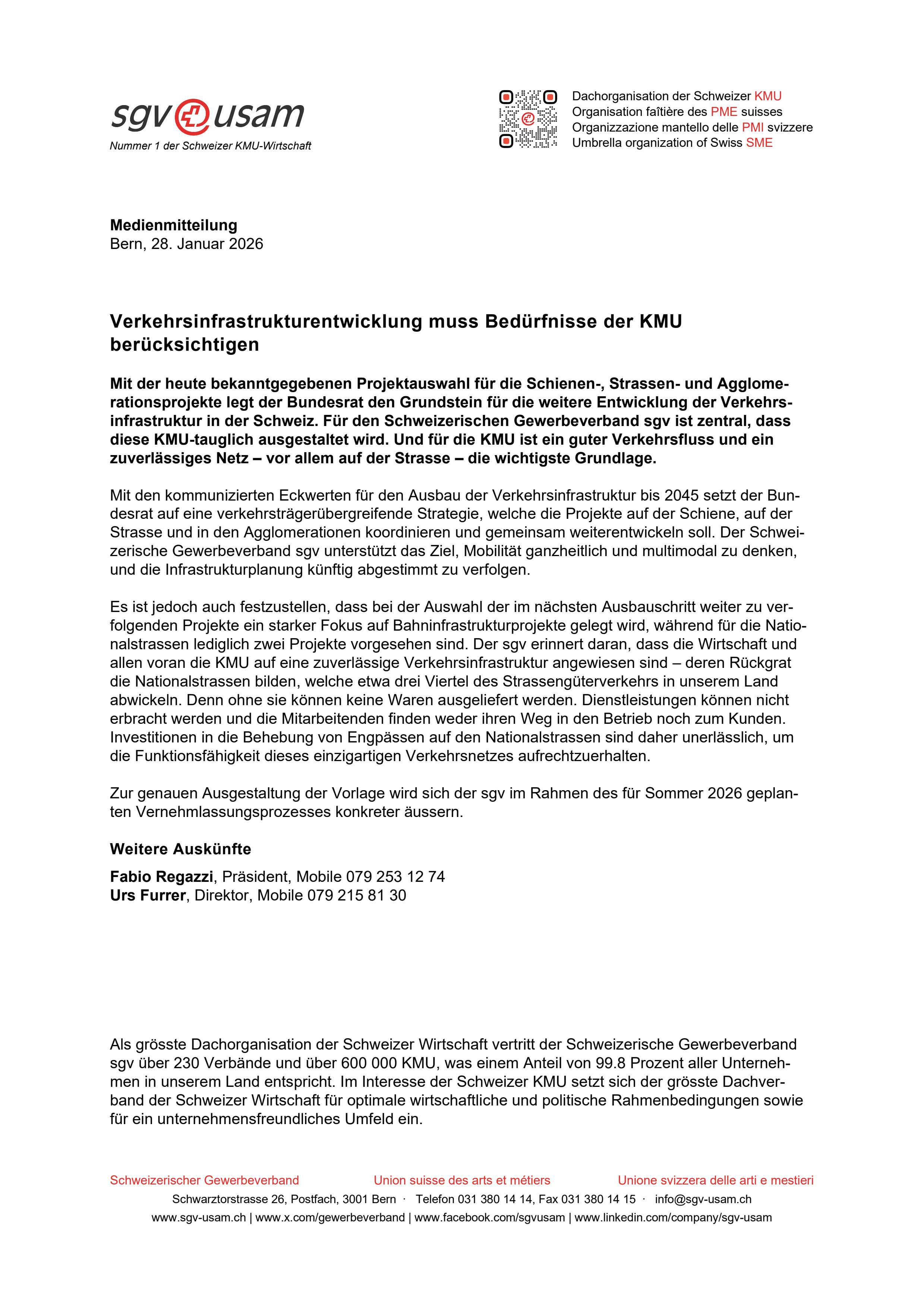 Verkehrsinfrastrukturentwicklung muss Bedürfnisse der KMU berücksichtigen