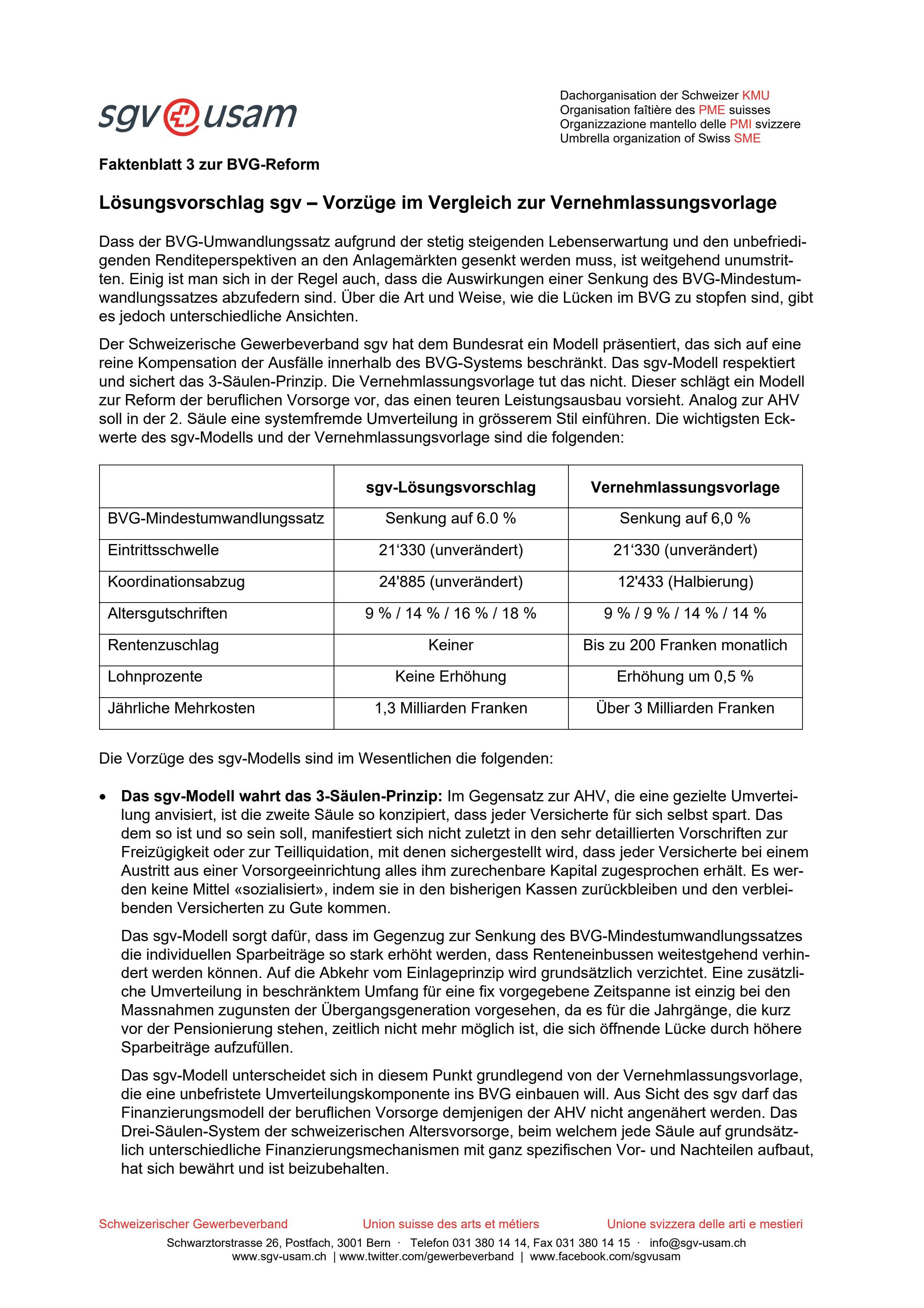 Faktenblatt 3 zur BVG-Reform: Lösungsvorschlag sgv – Vorzüge im Vergleich zur Vernehmlassungsvorlage Stand 09.01.2020