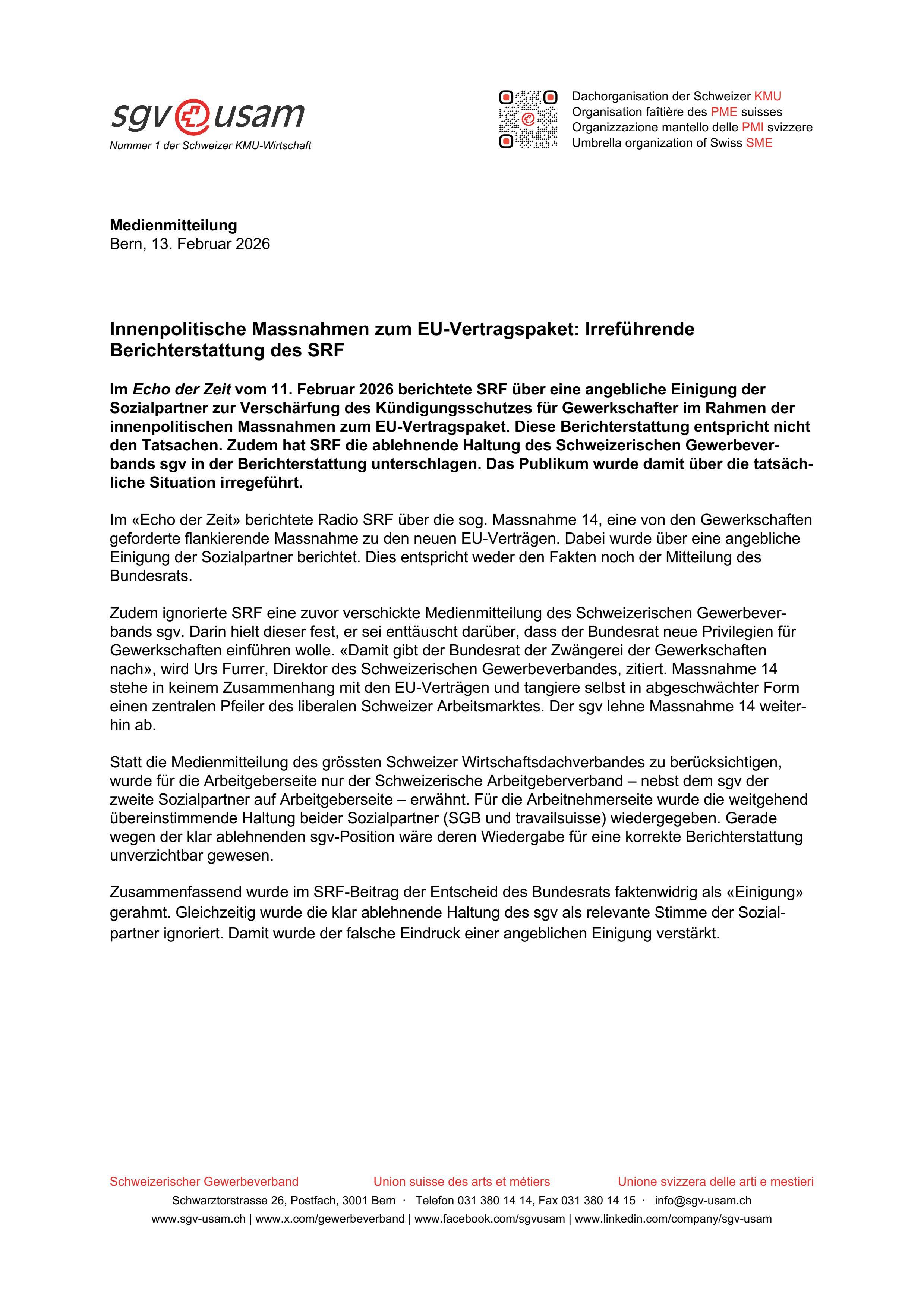 Innenpolitische Massnahmen zum EU-Vertragspaket: Irreführende Berichterstattung des SRF