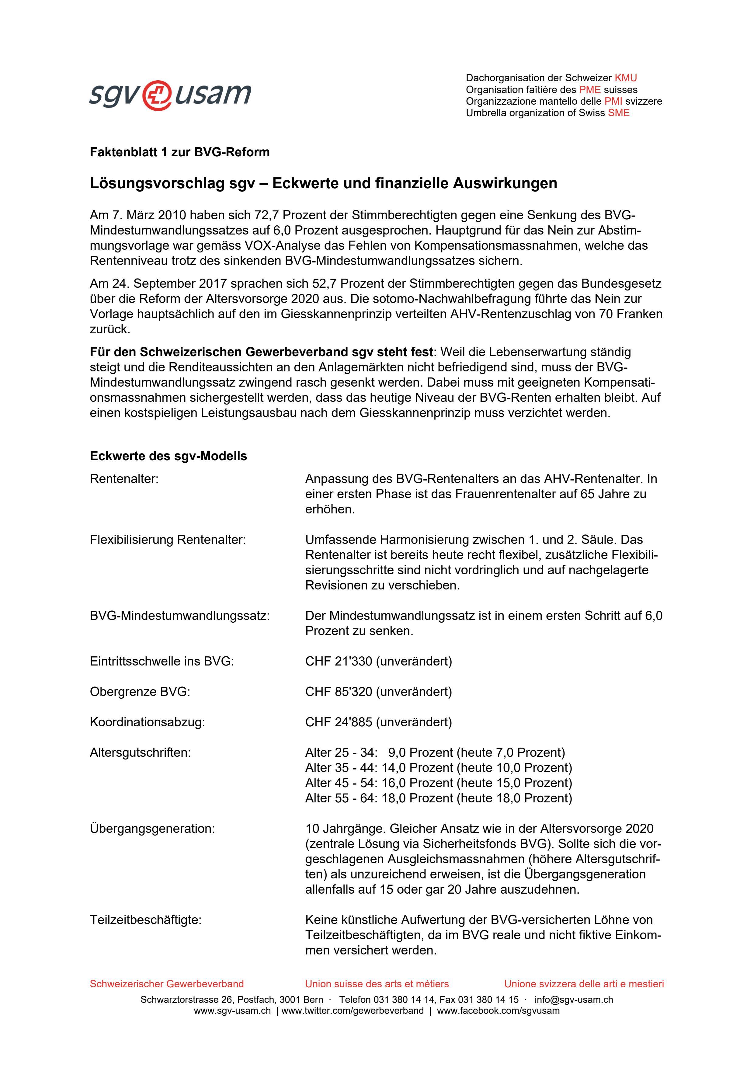  Faktenblatt 1 zur BVG-Reform: Lösungsvorschlag sgv – Eckwerte und finanzielle Auswirkungen Stand 09.01.2020